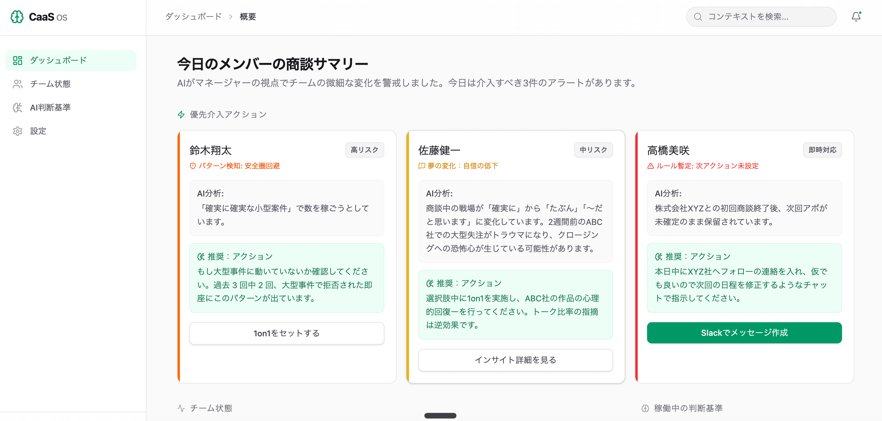 CaaS OSダッシュボード：AIがマネージャーの視点でチームの商談を監視し、「誰に・今日・何を言うべきか」をリアルタイムで提示。